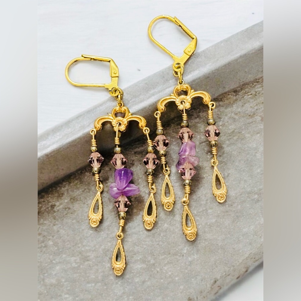 Gold and Purple Chandelier Earrings with Gemstone Accents